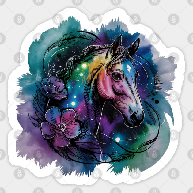 Galaxy Horse with Celestial Aura and Cosmic Florals Sticker by BirdsnStuff