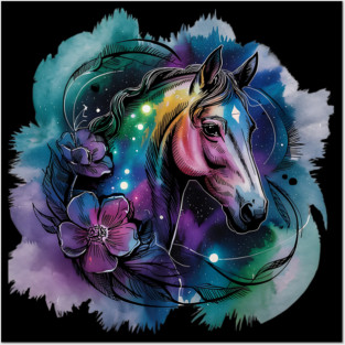 Galaxy Horse with Celestial Aura and Cosmic Florals Posters and Art