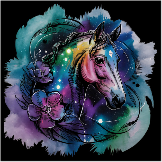 Galaxy Horse with Celestial Aura and Cosmic Florals Wall Art by BirdsnStuff