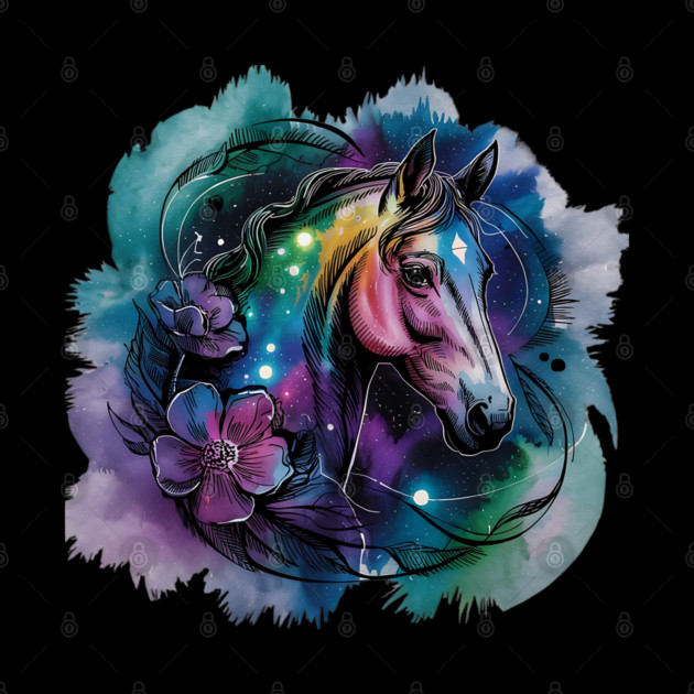 Galaxy Horse with Celestial Aura and Cosmic Florals by BirdsnStuff