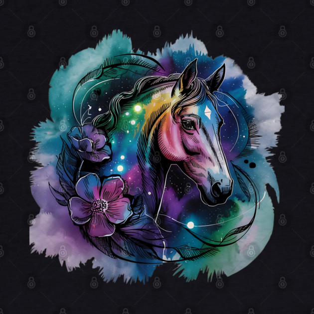 Galaxy Horse with Celestial Aura and Cosmic Florals by BirdsnStuff