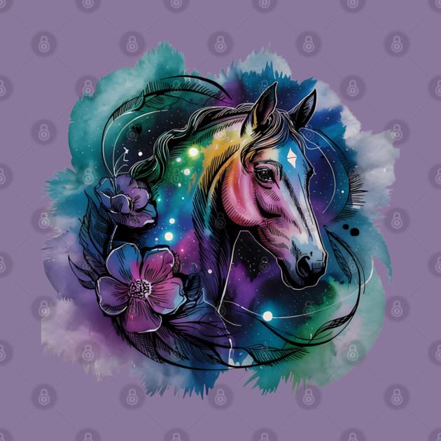 Galaxy Horse with Celestial Aura and Cosmic Florals by BirdsnStuff