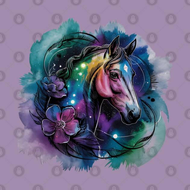 Galaxy Horse with Celestial Aura and Cosmic Florals by BirdsnStuff