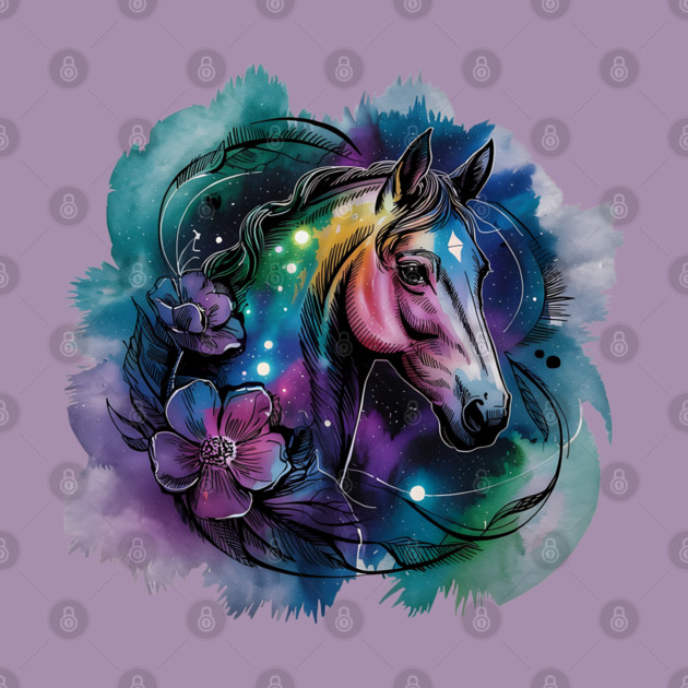 Galaxy Horse with Celestial Aura and Cosmic Florals by BirdsnStuff