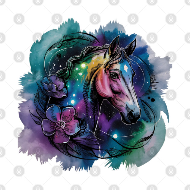 Galaxy Horse with Celestial Aura and Cosmic Florals by BirdsnStuff