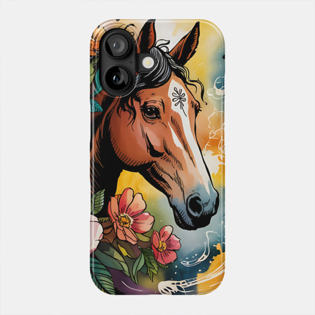 Wild Horse with Whimsical Flowers and Earthy Hues Phone Case by BirdsnStuff