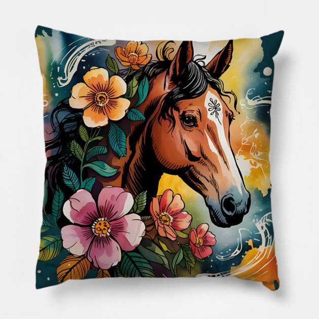 Wild Horse with Whimsical Flowers and Earthy Hues Pillow by BirdsnStuff