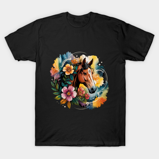 Wild Horse with Whimsical Flowers and Earthy Hues T-Shirt by BirdsnStuff