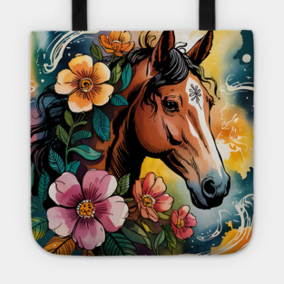 Wild Horse with Whimsical Flowers and Earthy Hues Tote