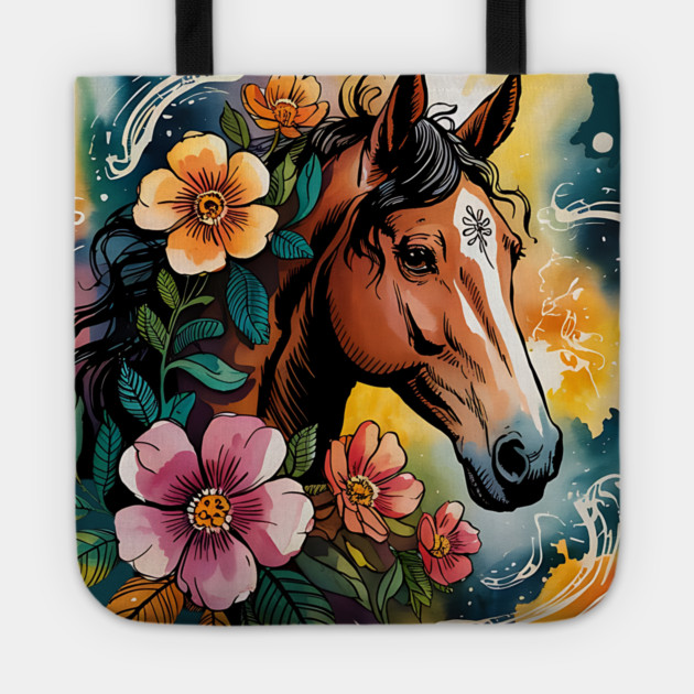 Wild Horse with Whimsical Flowers and Earthy Hues Tote by BirdsnStuff