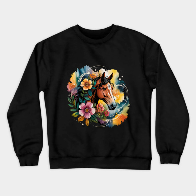 Wild Horse with Whimsical Flowers and Earthy Hues Crewneck Sweatshirt by BirdsnStuff