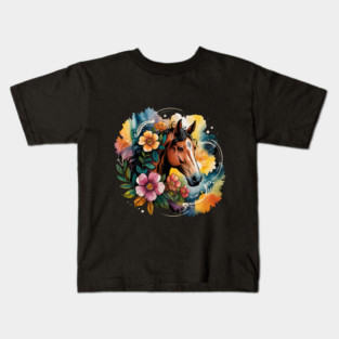 Wild Horse with Whimsical Flowers and Earthy Hues Kids T-Shirt