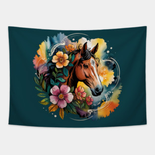 Wild Horse with Whimsical Flowers and Earthy Hues Tapestry