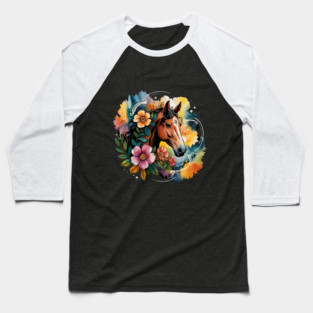 Wild Horse with Whimsical Flowers and Earthy Hues Baseball T-Shirt