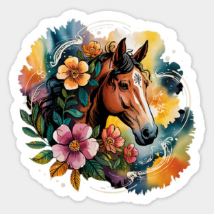 Wild Horse with Whimsical Flowers and Earthy Hues Sticker