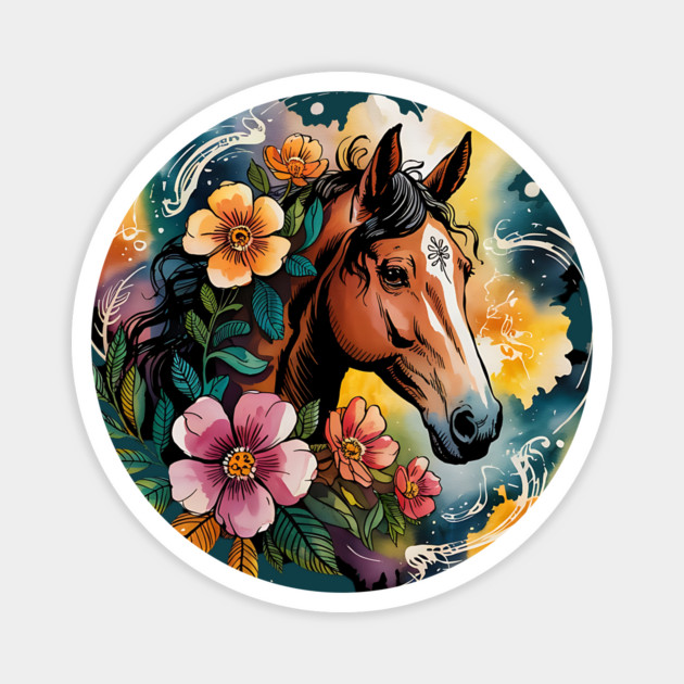 Wild Horse with Whimsical Flowers and Earthy Hues Magnet by BirdsnStuff