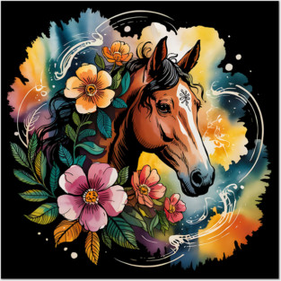 Wild Horse with Whimsical Flowers and Earthy Hues Posters and Art