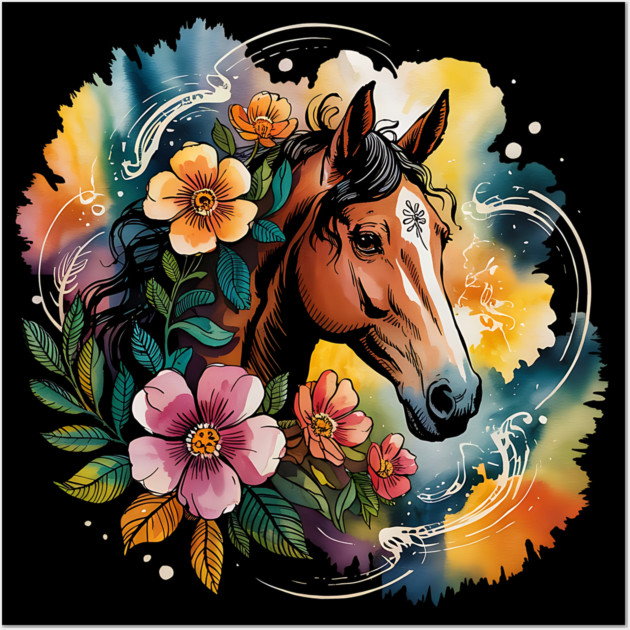 Wild Horse with Whimsical Flowers and Earthy Hues Wall Art by BirdsnStuff