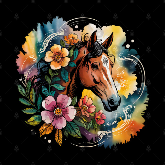 Wild Horse with Whimsical Flowers and Earthy Hues by BirdsnStuff