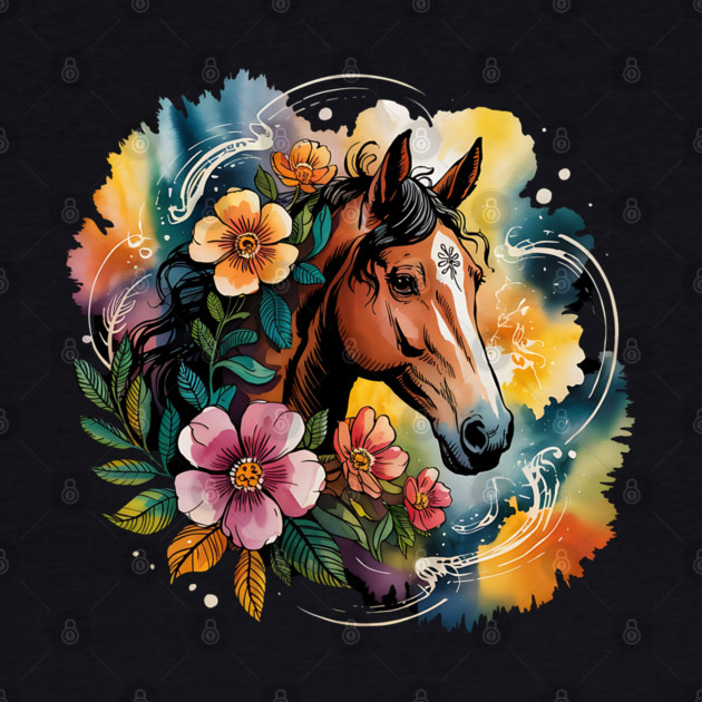 Wild Horse with Whimsical Flowers and Earthy Hues by BirdsnStuff