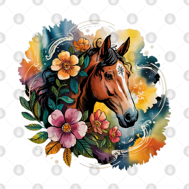 Wild Horse with Whimsical Flowers and Earthy Hues by BirdsnStuff