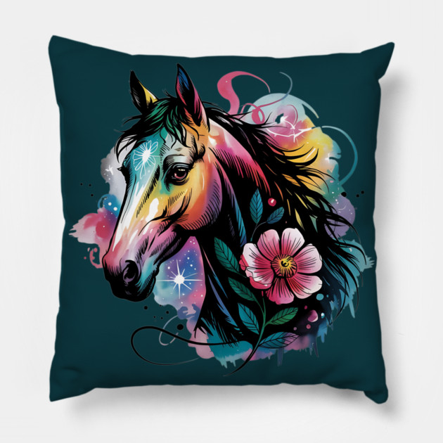 Celestial Horse with Rainbow Glow and Dreamy Florals Pillow by BirdsnStuff
