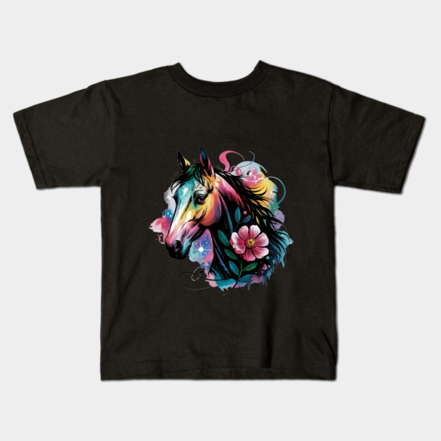 Celestial Horse with Rainbow Glow and Dreamy Florals Kids T-Shirt by BirdsnStuff