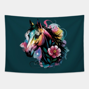 Celestial Horse with Rainbow Glow and Dreamy Florals Tapestry