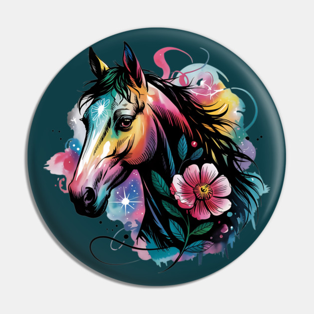 Celestial Horse with Rainbow Glow and Dreamy Florals Pin by BirdsnStuff