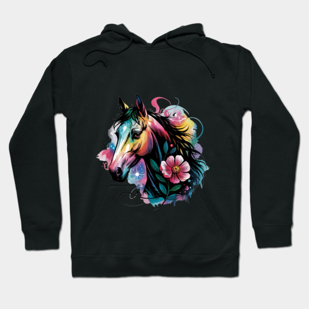 Celestial Horse with Rainbow Glow and Dreamy Florals Hoodie by BirdsnStuff