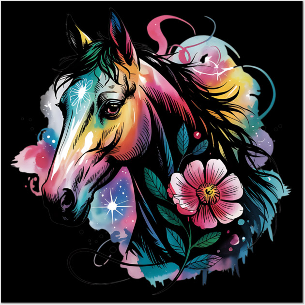 Celestial Horse with Rainbow Glow and Dreamy Florals Wall Art by BirdsnStuff