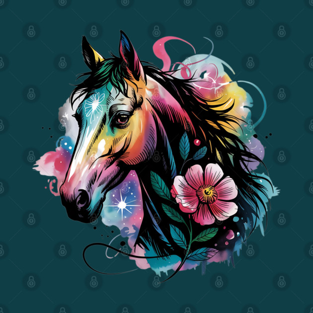 Celestial Horse with Rainbow Glow and Dreamy Florals by BirdsnStuff