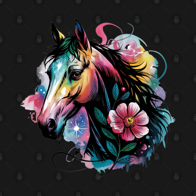 Celestial Horse with Rainbow Glow and Dreamy Florals by BirdsnStuff