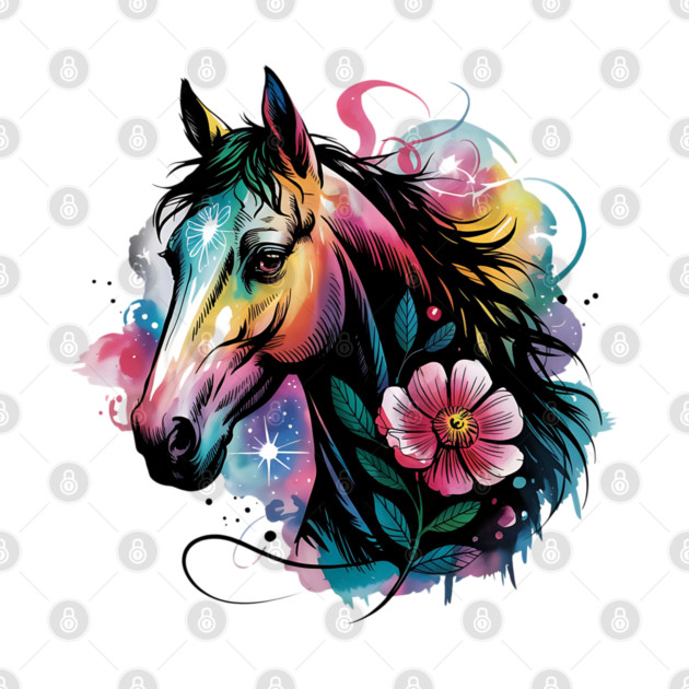 Celestial Horse with Rainbow Glow and Dreamy Florals by BirdsnStuff