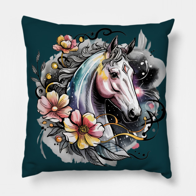 Mystic White Horse in Floral Galaxy Swirl Pillow by BirdsnStuff