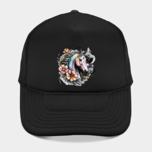 Mystic White Horse in Floral Galaxy Swirl Hat