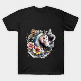Mystic White Horse in Floral Galaxy Swirl T-Shirt