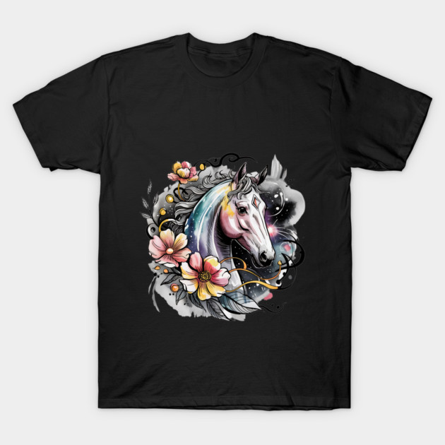 Mystic White Horse in Floral Galaxy Swirl T-Shirt by BirdsnStuff