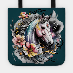 Mystic White Horse in Floral Galaxy Swirl Tote