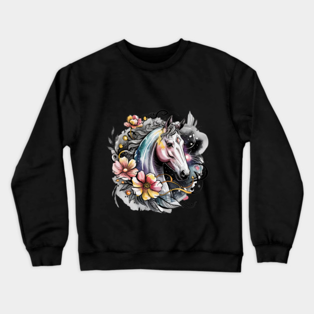 Mystic White Horse in Floral Galaxy Swirl Crewneck Sweatshirt by BirdsnStuff