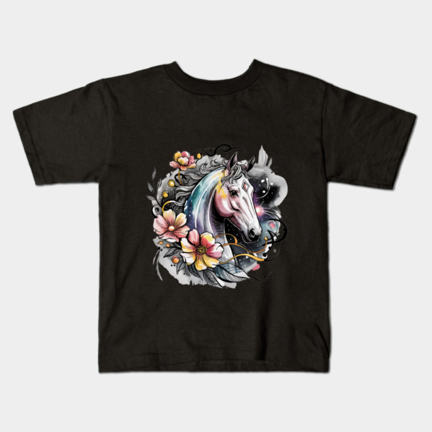 Mystic White Horse in Floral Galaxy Swirl Kids T-Shirt by BirdsnStuff