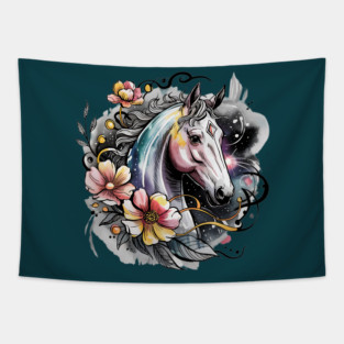Mystic White Horse in Floral Galaxy Swirl Tapestry