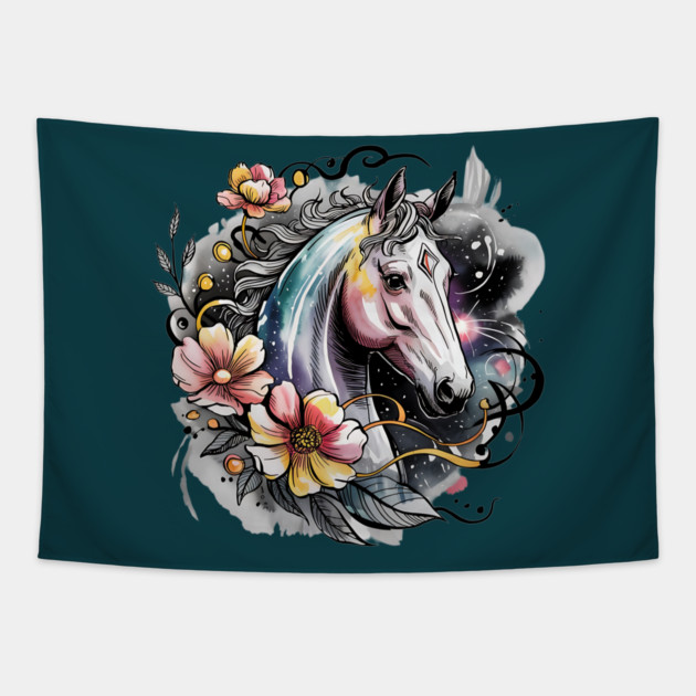 Mystic White Horse in Floral Galaxy Swirl Tapestry by BirdsnStuff
