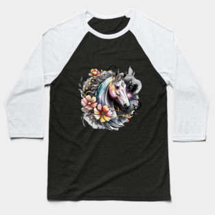 Mystic White Horse in Floral Galaxy Swirl Baseball T-Shirt