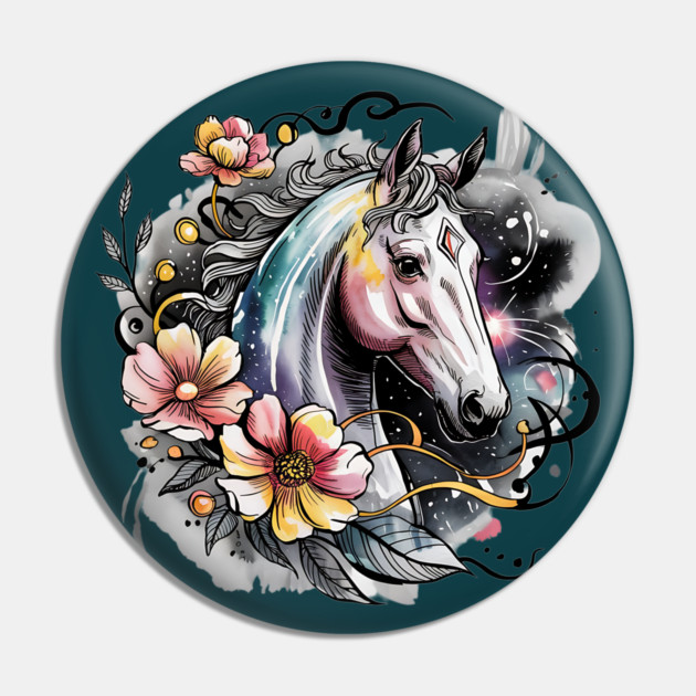 Mystic White Horse in Floral Galaxy Swirl Pin by BirdsnStuff