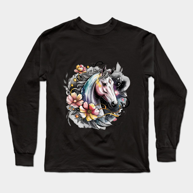 Mystic White Horse in Floral Galaxy Swirl Long Sleeve T-Shirt by BirdsnStuff