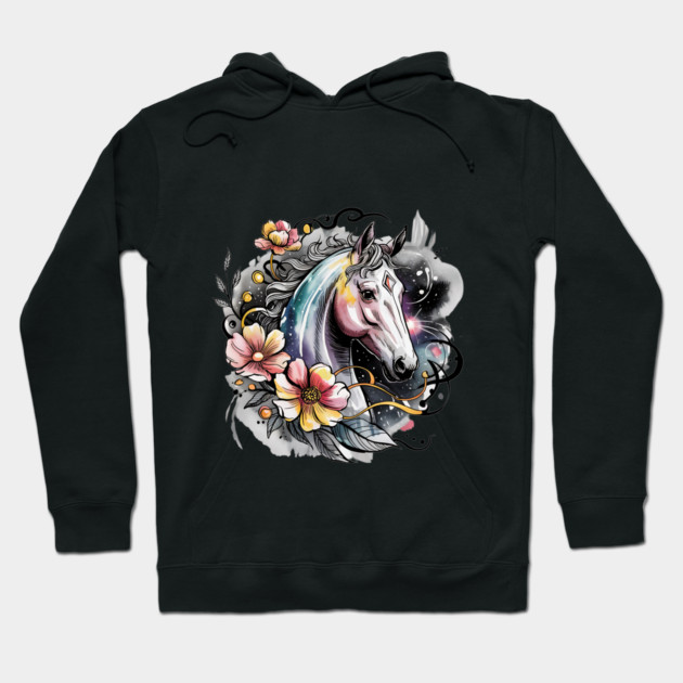 Mystic White Horse in Floral Galaxy Swirl Hoodie by BirdsnStuff