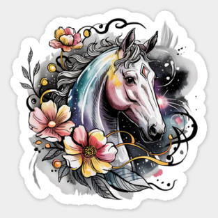Mystic White Horse in Floral Galaxy Swirl Sticker