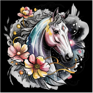 Mystic White Horse in Floral Galaxy Swirl Posters and Art