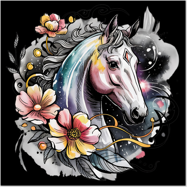 Mystic White Horse in Floral Galaxy Swirl Wall Art by BirdsnStuff